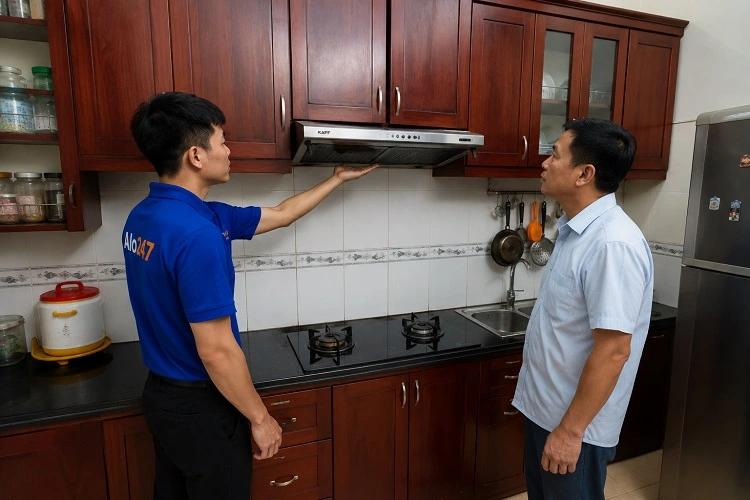 Thợ alo247 trao đổi phương án sửa máy hút mùi tại Hoàng Mai