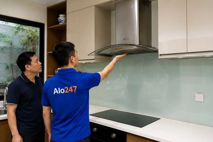 Thợ alo247 trao đổi phương án sửa máy hút mùi tại Lĩnh Nam