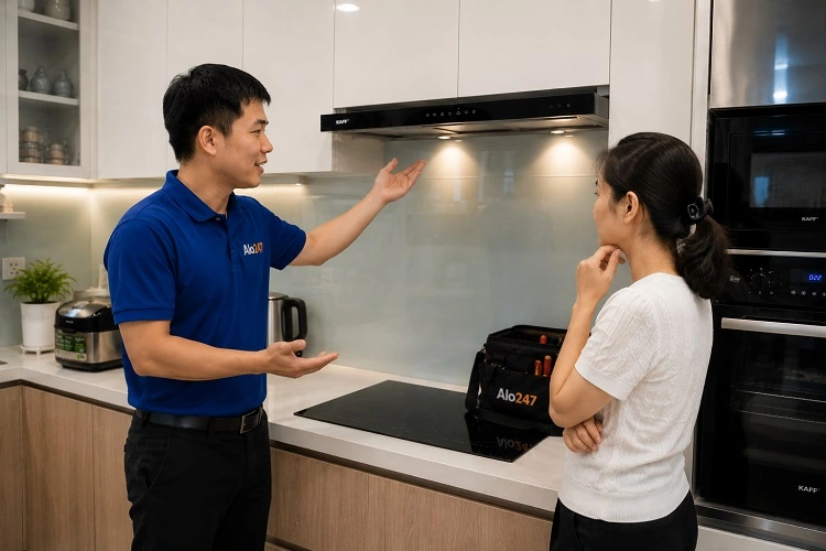 Thợ alo247 trao đổi phương án sửa máy hút mùi tại Ô Chợ Dừa