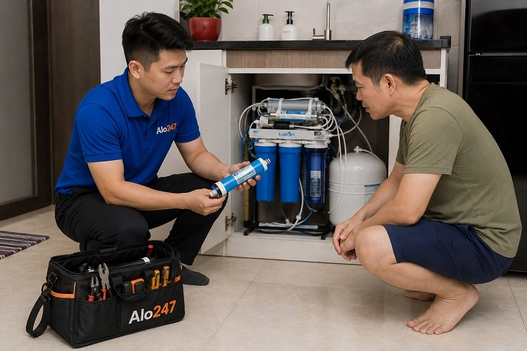 Thợ alo247 trao đổi phương án sửa máy lọc nước tại Ngọc Hà trước khi làm