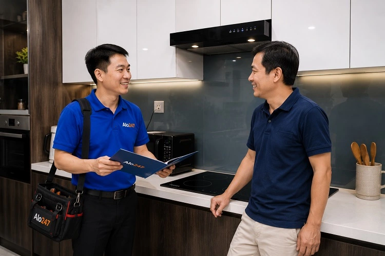 Thợ alo247 trao đổi sau sửa máy hút mùi tại Thượng Cát