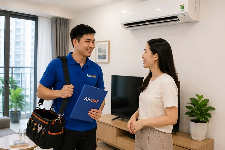 Thợ alo247 trao đổi thông tin bảo hành dịch vụ