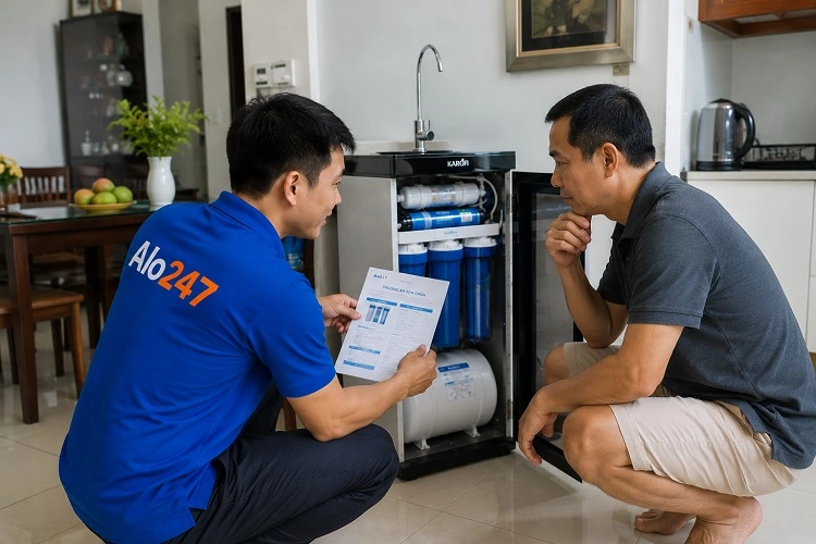 Thợ alo247 trao đổi thông tin bảo hành dịch vụ Sửa máy lọc nước tại Nghĩa Đô