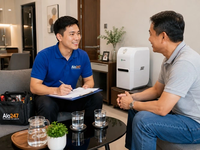 Thợ alo247 trao đổi thông tin bảo hành dịch vụ