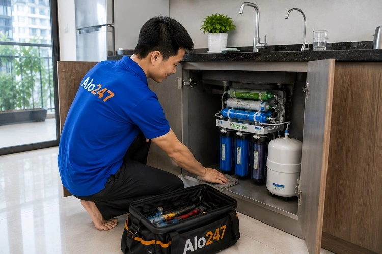 Thợ alo247 vệ sinh sạch sẽ sau khi Sửa máy lọc nước tại Yên Hoà