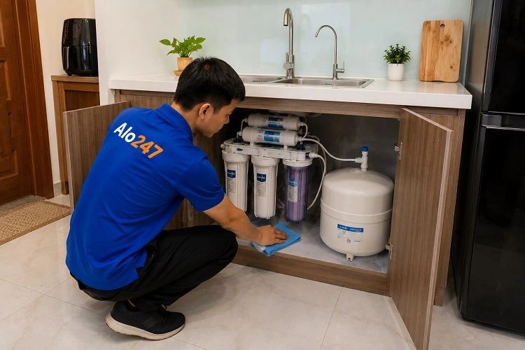 Thợ alo247 vệ sinh sau khi sửa máy lọc nước tại Phú Thượng