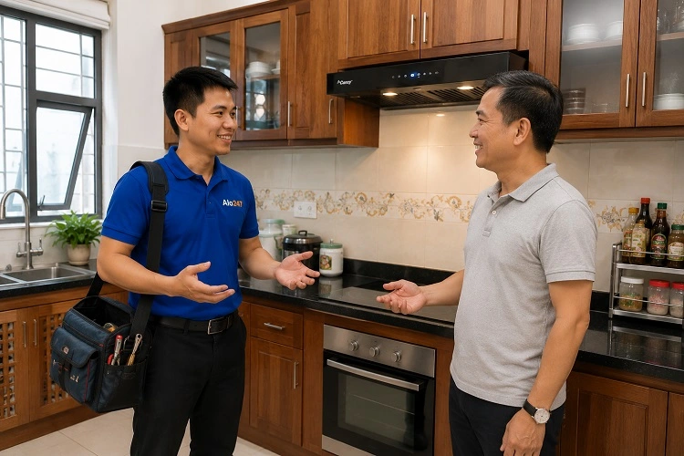 Thợ bàn giao máy hút mùi bếp Canzy sau sửa chữa