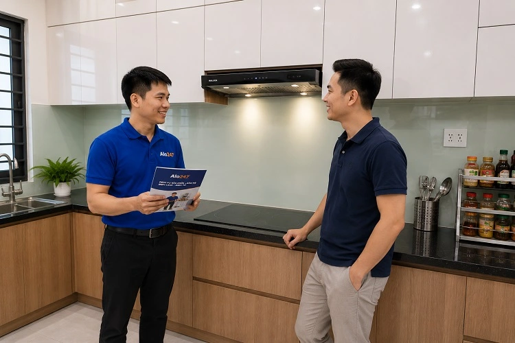 Thợ bàn giao sau khi sửa máy hút mùi bếp malloca