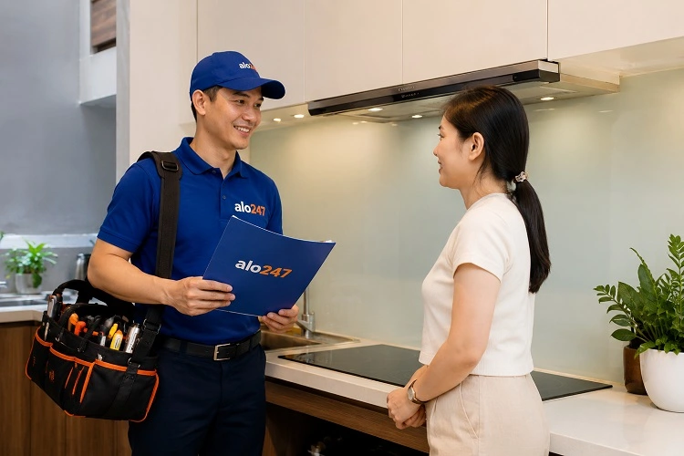 Thợ bàn giao và ký bảo hành dịch vụ