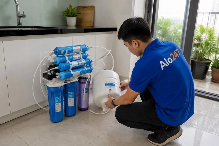 Thợ kiểm tra máy lọc nước tại Đông Ngạc
