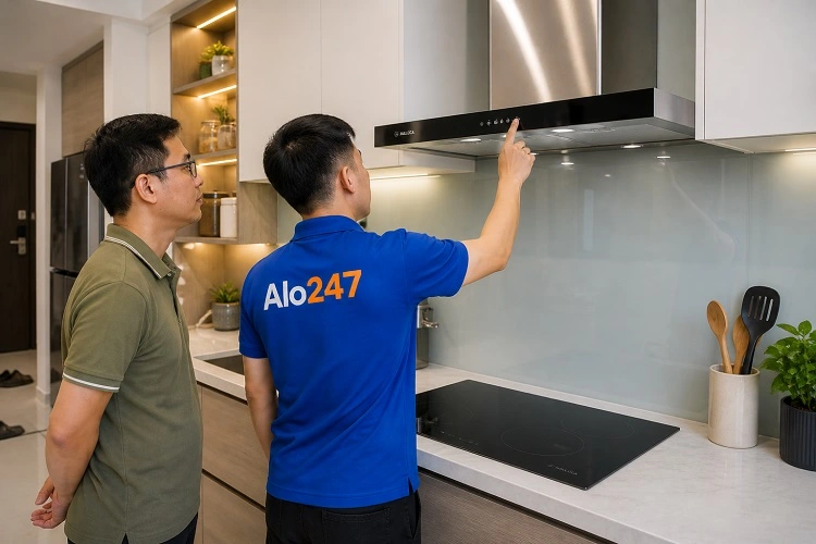 Thợ kiểm tra và trao đổi phương án sửa máy hút mùi bếp malloca