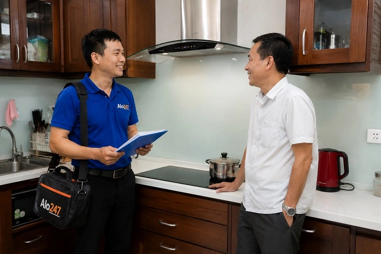 Thợ trao đổi bảo hành sau khi sửa máy hút mùi tại Từ Liêm