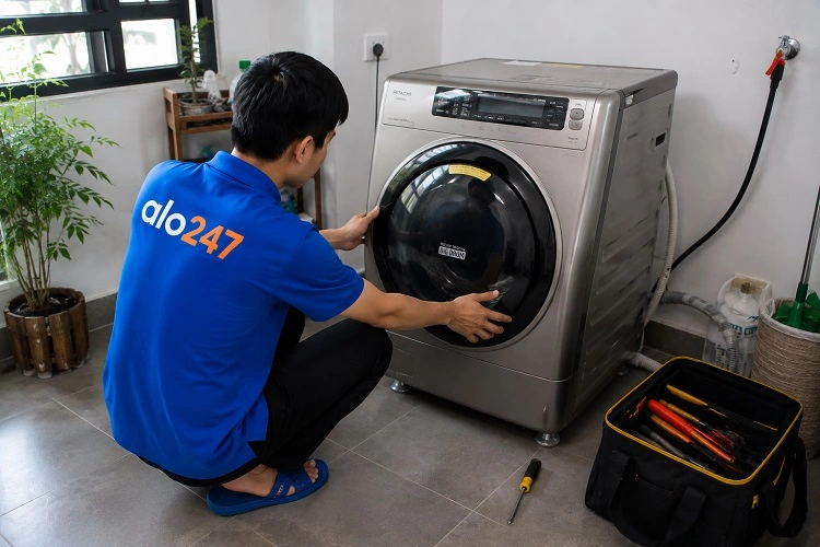 Thợ alo247 chạy lại máy sau khi sửa máy giặt tại Phú Diễn