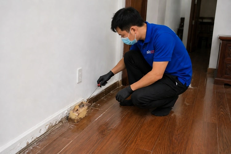 Thợ alo247 đang đặt hộp nhử mối tại Hồng Hà