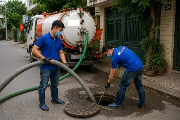 Thợ alo247 đang luồn ống hút bể phốt cho hộ gia đình tại Vĩnh Tuy