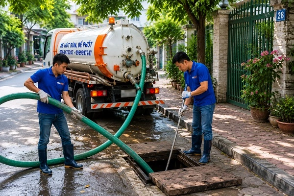 Thợ alo247 đang luồn ống hút bể phốt tại Cửa Nam