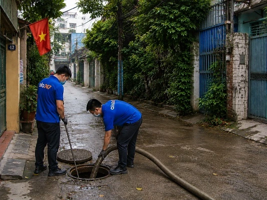Thợ alo247 đang luồn ống hút bể phốt tại Giảng Võ