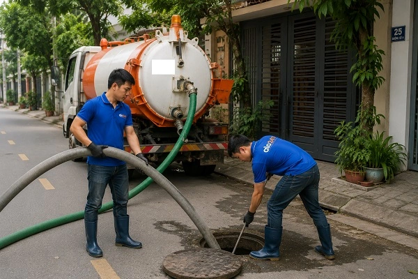 Thợ alo247 đang luồn ống hút bể phốt tại Ngọc Hà