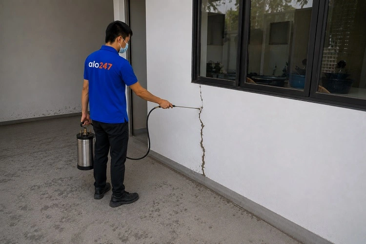 Thợ alo247 đang phun thuốc diệt mối sinh học tại nhà Lĩnh Nam