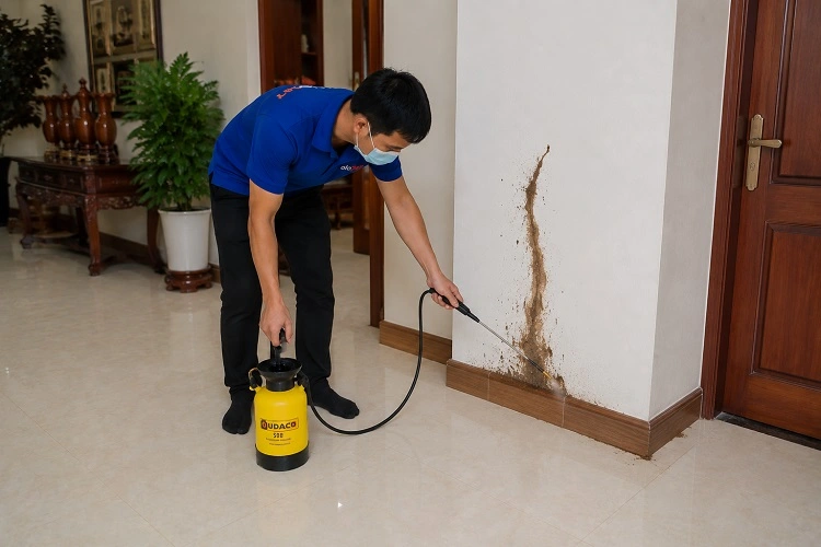 Thợ alo247 đang phun thuốc diệt mối sinh học