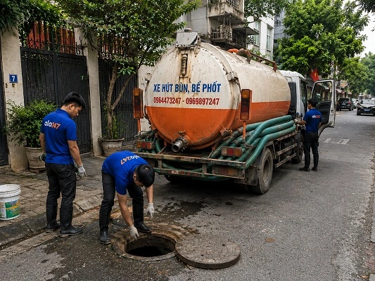 Thợ alo247 đang thi công hút bể phốt cho hộ gia đình tại Hoàn Kiếm