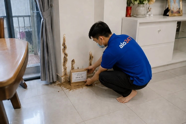 Thợ alo247 diệt mối bằng việc đặt hộp nhử mối tại Định Công