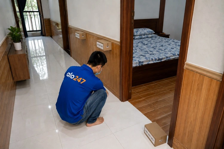 Thợ alo247 diệt mối bằng việc đặt hộp nhử mối tại Dương Nội