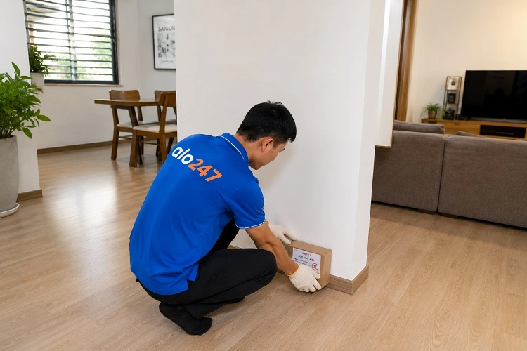 Thợ alo247 diệt mối bằng việc đặt hộp nhử mối tại Khương Đình