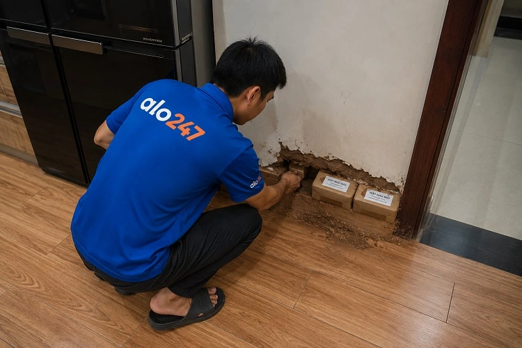 Thợ alo247 diệt mối bằng việc đặt hộp nhử mối tại Láng