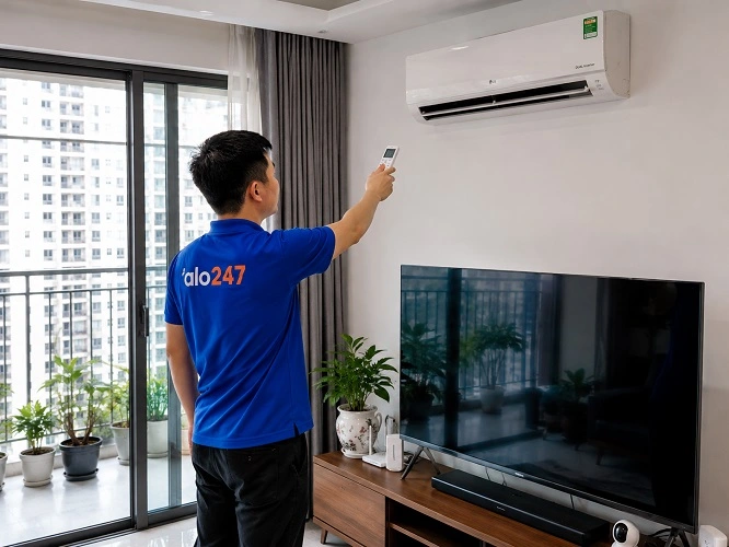 Thợ alo247 kiểm tra lại máy trước khi bàn giao
