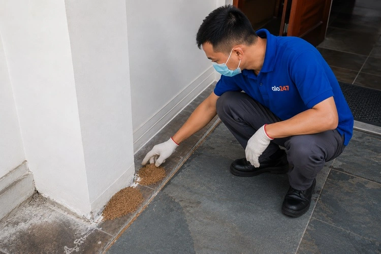 Thợ alo247 kiểm tra tình trạng mối trước khi diệt mối tại Vĩnh Tuy