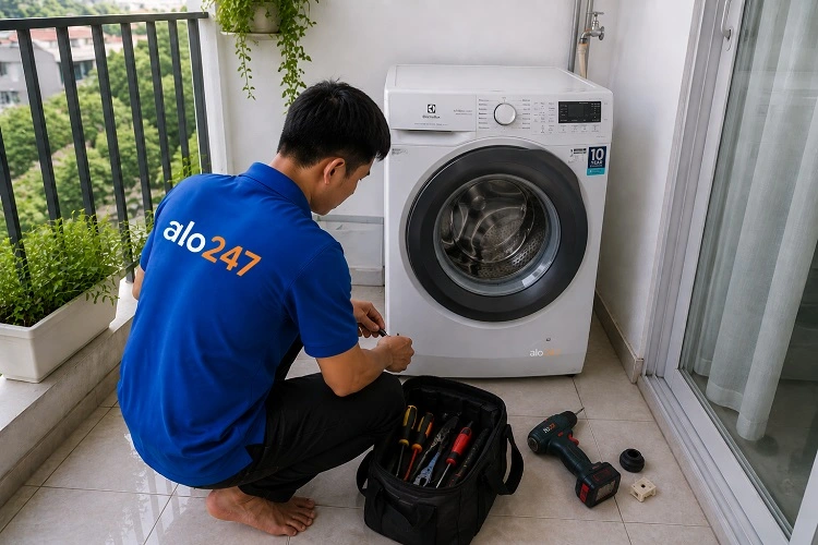 Thợ alo247 kiểm tra trước khi sửa máy giặt tại Tương Mai