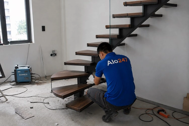 Thợ alo247 lắp đặt cầu thang xương cá kết hợp bậc gỗ tự nhiên