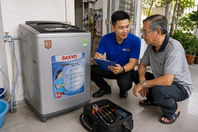 Thợ alo247 trao đổi bảo hành dịch vụ sửa máy giặt tại Tây Mỗ