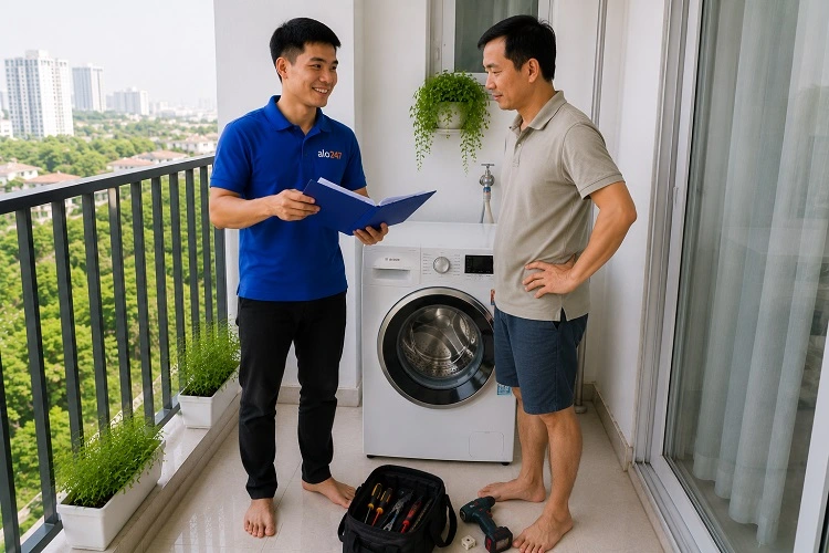 Thợ alo247 trao đổi thông tin bảo hành dịch vụ