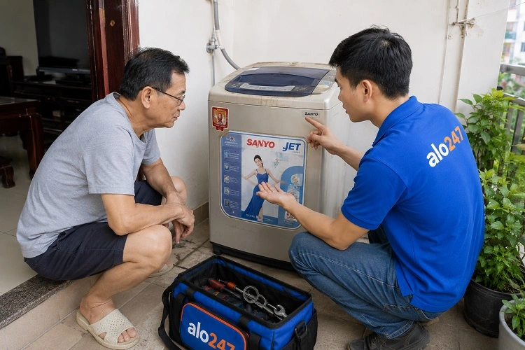 Thợ alo247 trao đổi thông tin bảo hành dịch vụ sửa máy giặt tại Đông Ngạc
