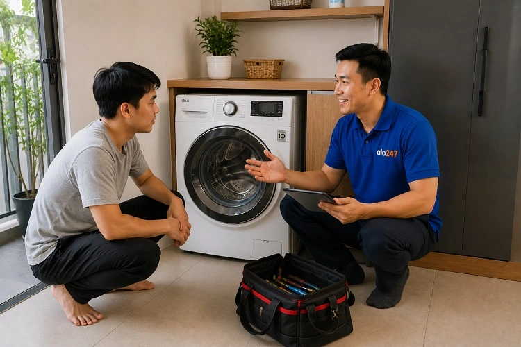 Thợ alo247 trao đổi thông tin bảo hành dịch vụ sửa máy giặt tại Hồng Hà