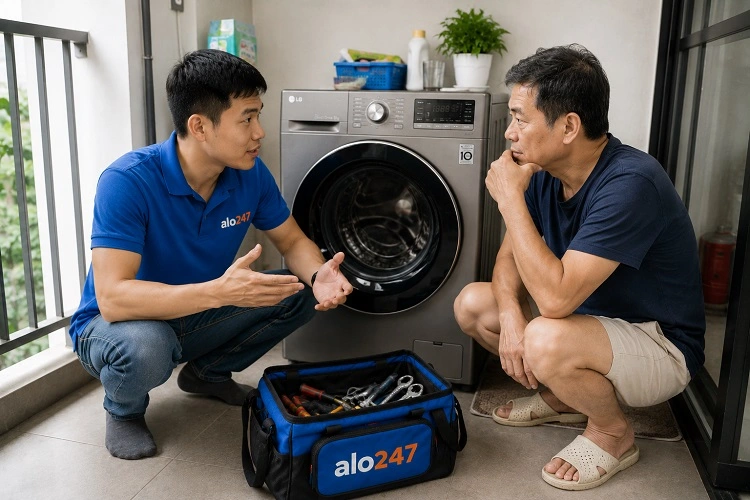 Thợ alo247 trao đổi thông tin bảo hành dịch vụ sửa máy giặt tại Phú Thượng
