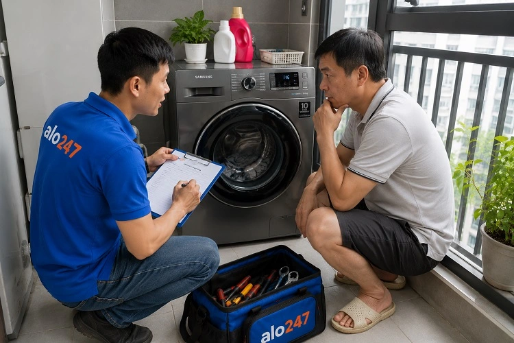 Thợ alo247 trao đổi thông tin bảo hành dịch vụ sửa máy giặt tại Tây Tựu
