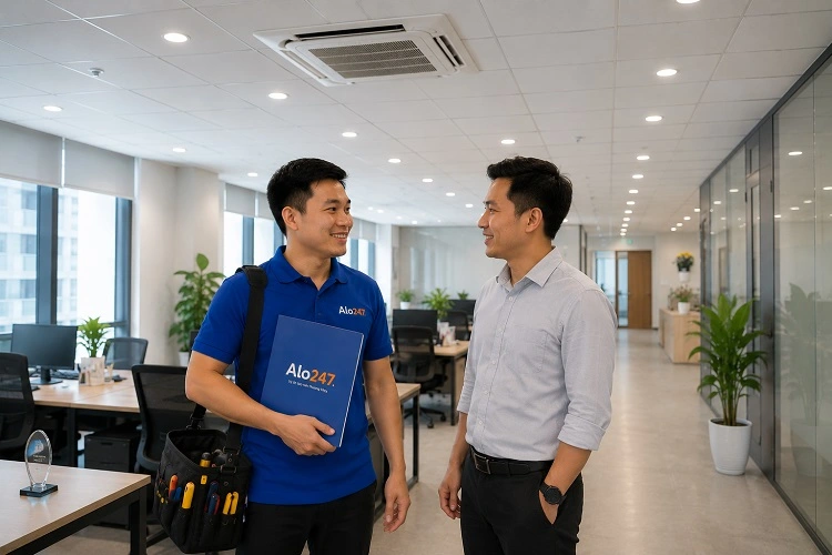 Thợ alo247 trao đổi thông tin bảo hành dịch vụ