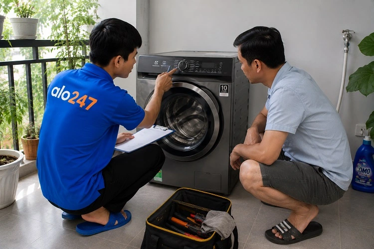 Thợ alo247 trao đổi thông tin bảo hành dịch vụ sửa máy giặt tại Phú Diễn