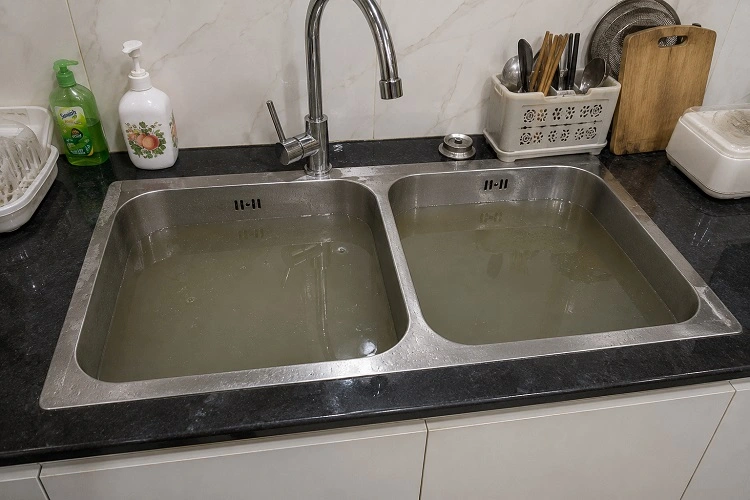 Bồn rửa bát bị tắc nghẽn không thoát nước cần xử lý tại Lĩnh Nam