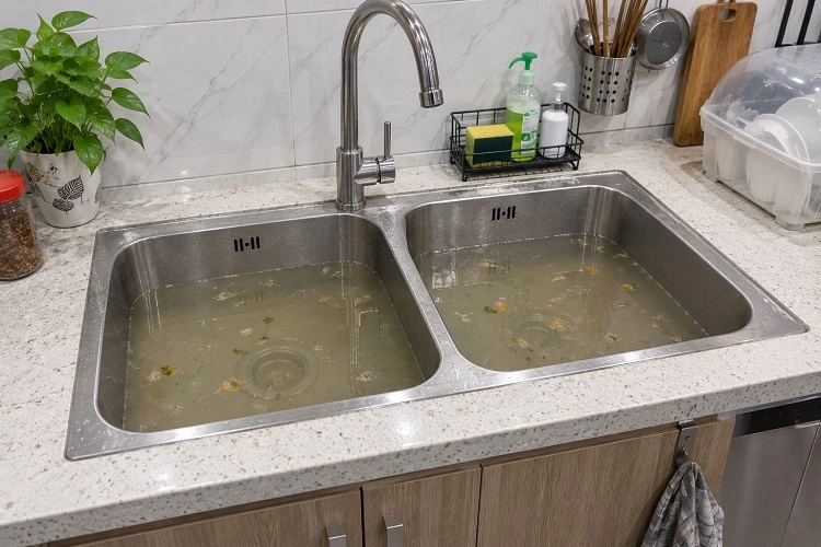 Bồn rửa bát bị tắc nghẽn không thoát nước cần xử lý tại Ô chợ Dừa