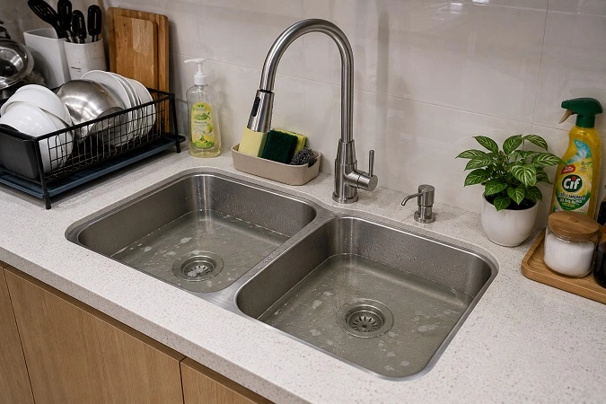 Bồn rửa bát bị tắc nghẽn không thoát nước cần xử lý tại Phúc Lợi