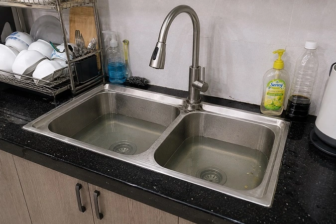 Bồn rửa bát bị tắc nghẽn không thoát nước cần xử lý tại Việt Hưng