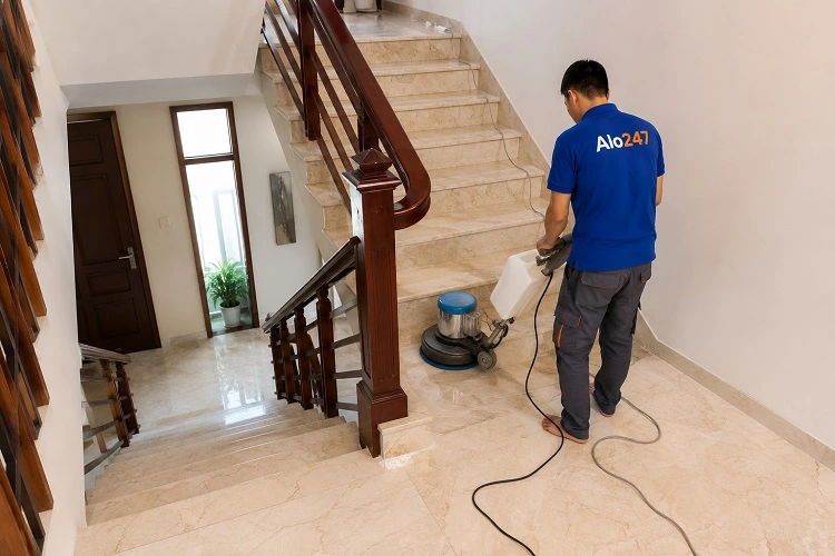 Dịch vụ đánh bóng mặt bậc cầu thang đá marble chuyên nghiệp bằng máy công nghiệp Alo247