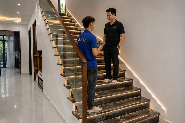 Khách hàng nghiệm thu hệ thống đèn LED cầu thang thông minh do Alo247 lắp đặt
