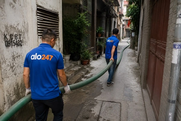 Thợ Alo247 chuẩn bị đường ống hút chất thải bể phốt tại Yên Sở