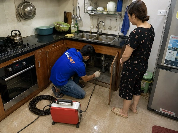 Thợ Alo247 dùng máy lò xo thông tắc cống chậu rửa bát tại Tây Mỗ