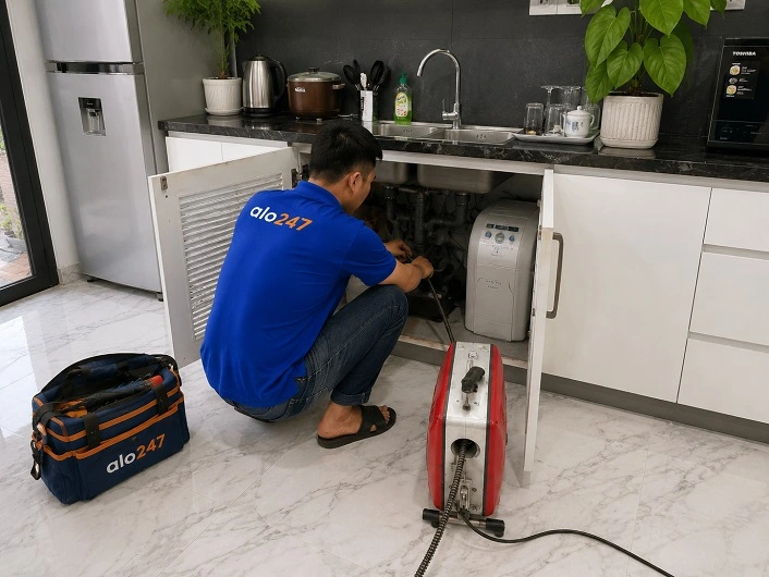 Thợ Alo247 dùng máy lò xo thông tắc cống chậu rửa bát tại Vĩnh Tuy
